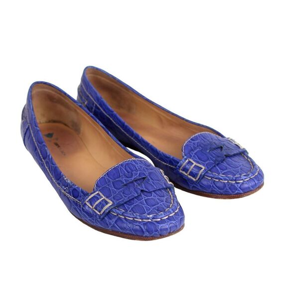 Daniblack BLUE CROCO EMBOSSED REAL LEATHER LOAFER FLATS POINTED TOE SHOES 7.5M - Picture 1 of 12